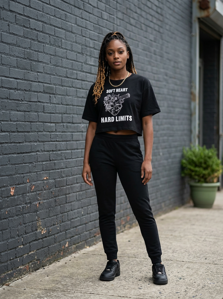 Black woman in black Sinister Stash crop top reading Soft Heart Hard Limits with anatomical heart-and-revolver illustration, leaning against wall with Sinister Stash branded plaque, carrying black duffel bag, editorial style