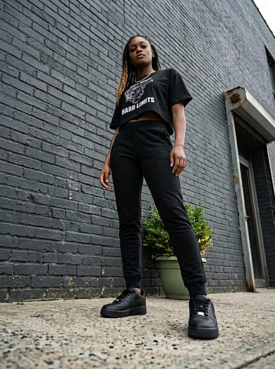 Black woman with braids wearing black Sinister Stash Soft Heart Hard Limits crop top, street style shot
