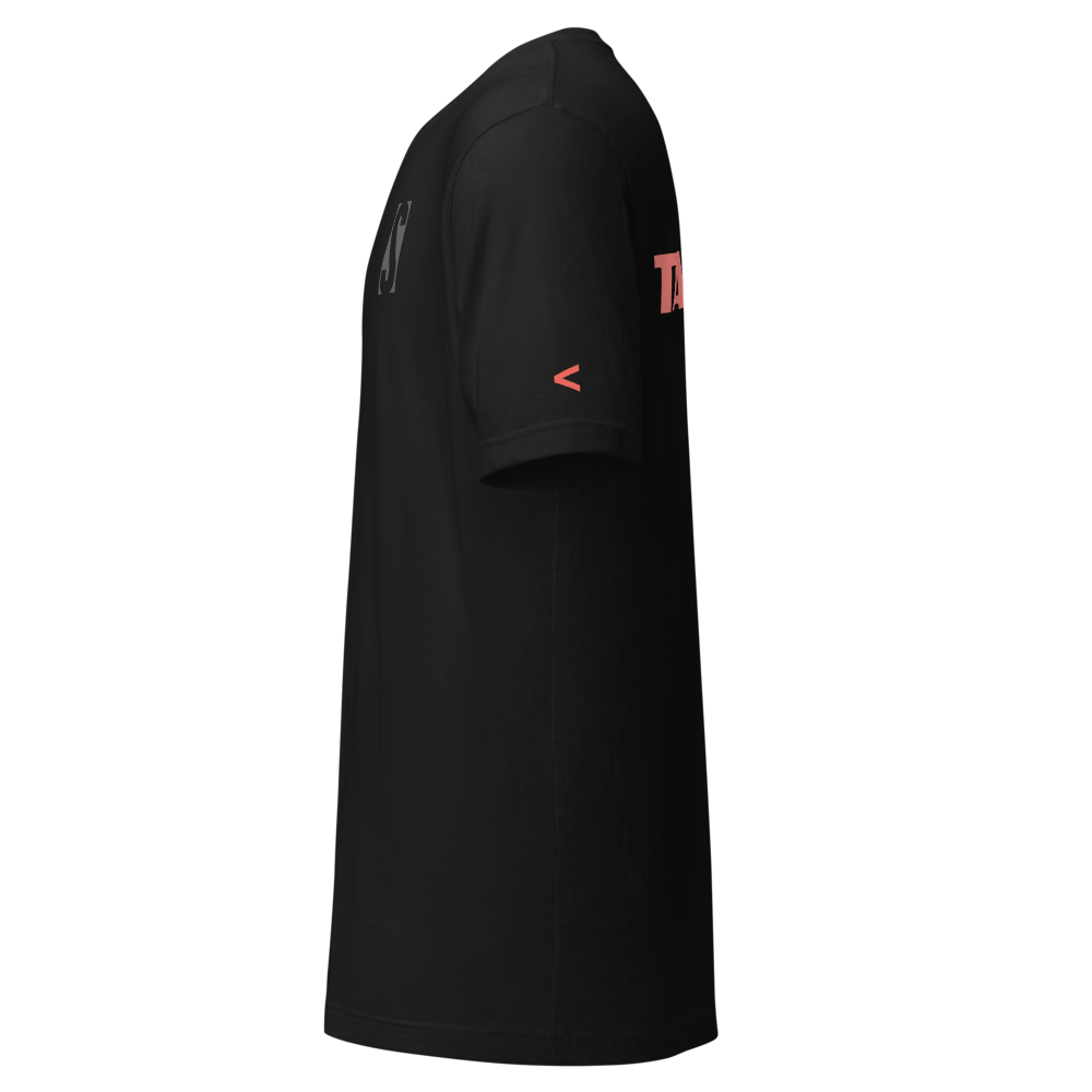 Do No Harm. Take No Shit. black unisex tee, side view showing fit and sleeve length