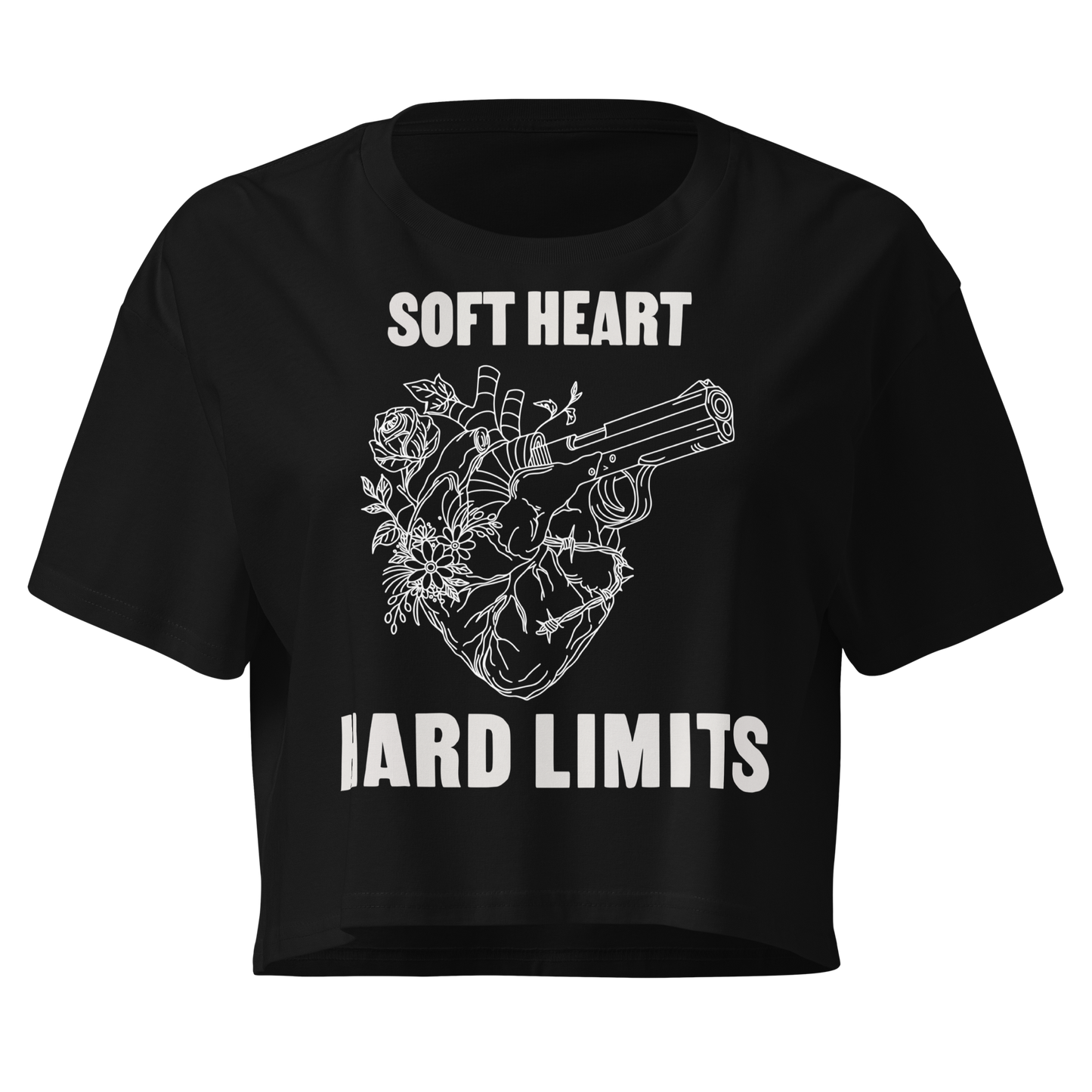 Sinister Stash Women's Crop Top in black, front view showing Soft Heart Hard Limits graphic with heart-and-revolver illustration