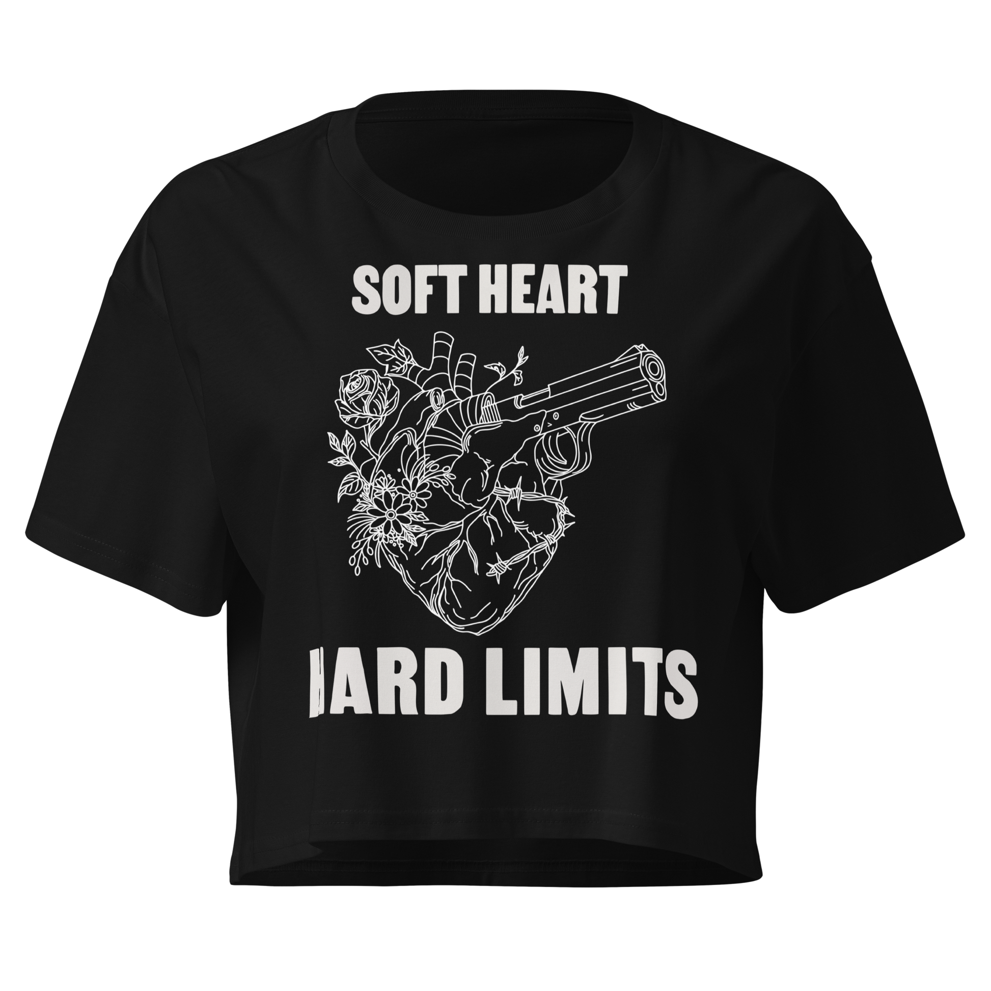 Sinister Stash Women's Crop Top in black, front view showing Soft Heart Hard Limits graphic with heart-and-revolver illustration