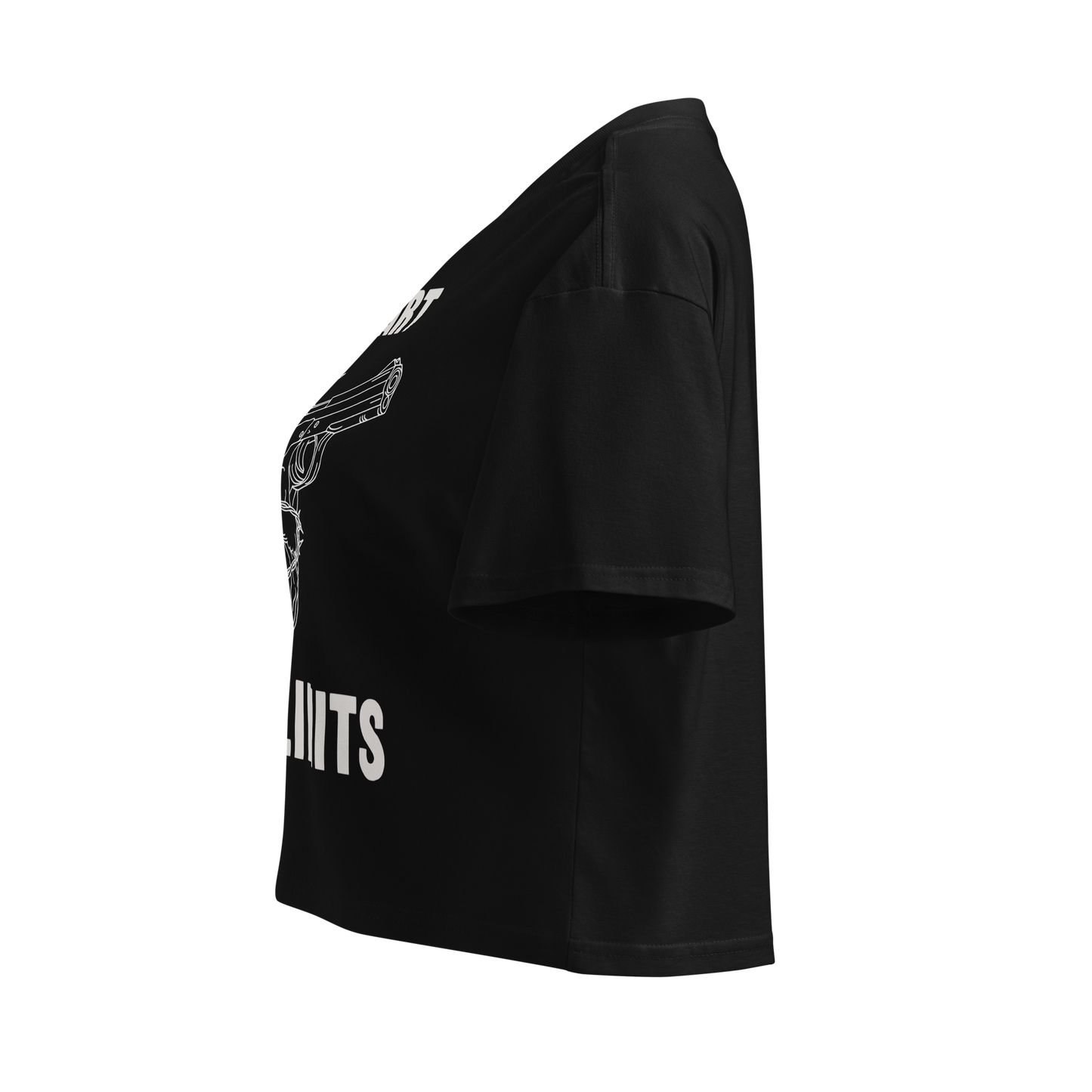 Sinister Stash Women's Crop Top in black, left-side view showing cropped fit