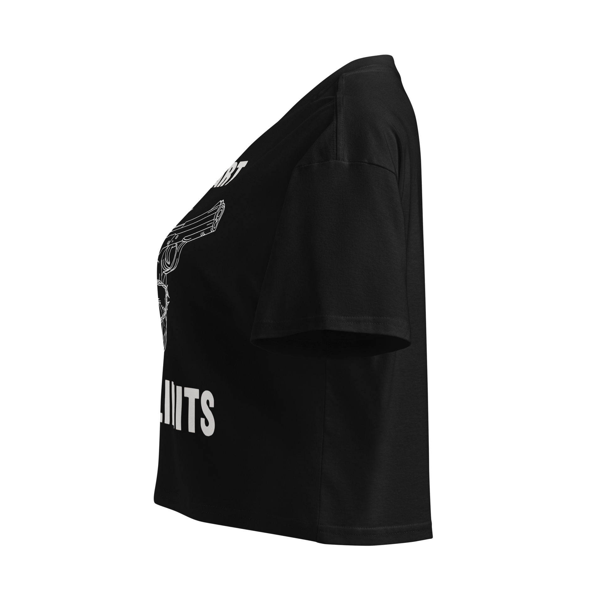 Sinister Stash Women's Crop Top in black, left-side view showing cropped fit