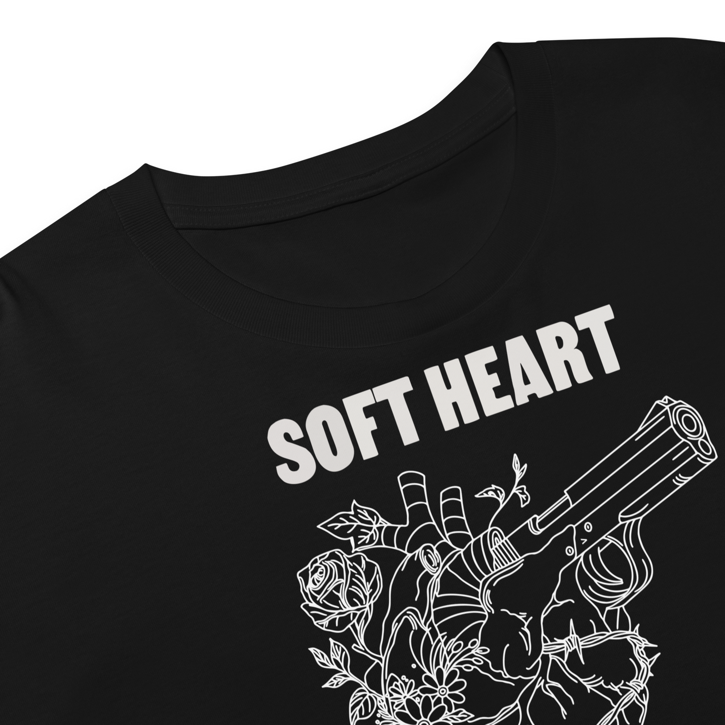Close-up detail of Soft Heart Hard Limits crop top showing print quality and fabric
